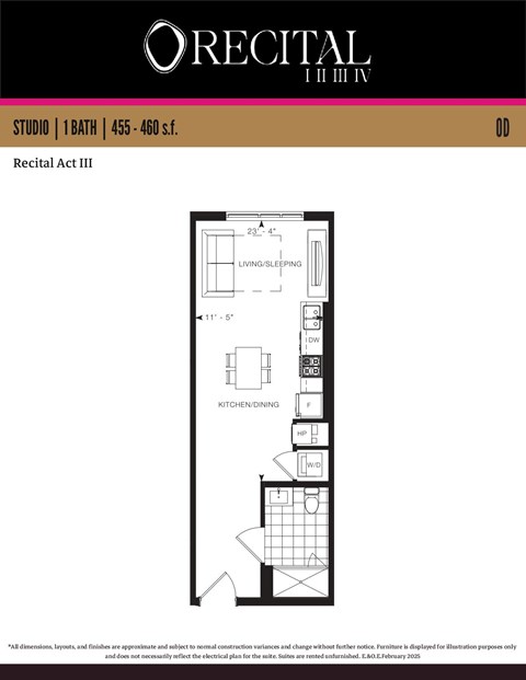 Floor plan for studio, 1 bath, 455 sqft